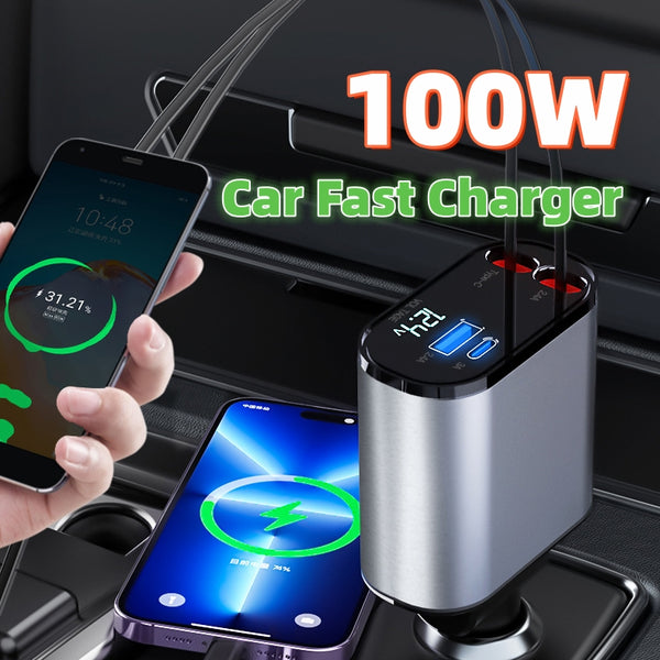Retractable Car Charger with 100W, Double Car Fast Charger for iPhone and Android, Retractable Cables (31.5 inch) and 2 Charging Ports, Compatible with Apple and Android
