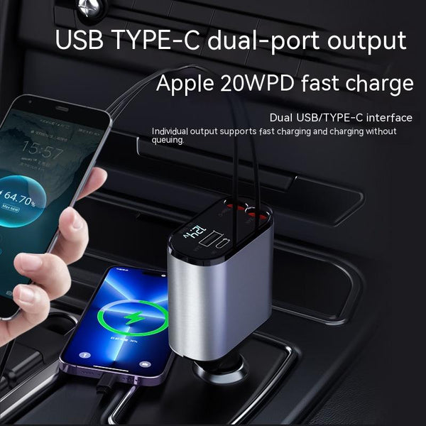 Retractable Car Charger with 100W, Double Car Fast Charger for iPhone and Android, Retractable Cables (31.5 inch) and 2 Charging Ports, Compatible with Apple and Android
